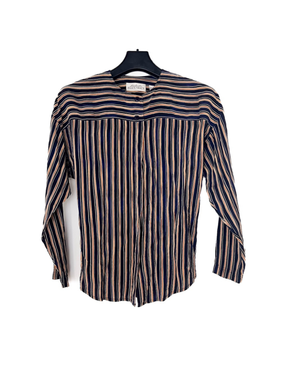 Linda Allard Ellen Tracy 100% Silk Long Sleeve Striped Button Up Blouse Sz 8 - Picture 1 of 10